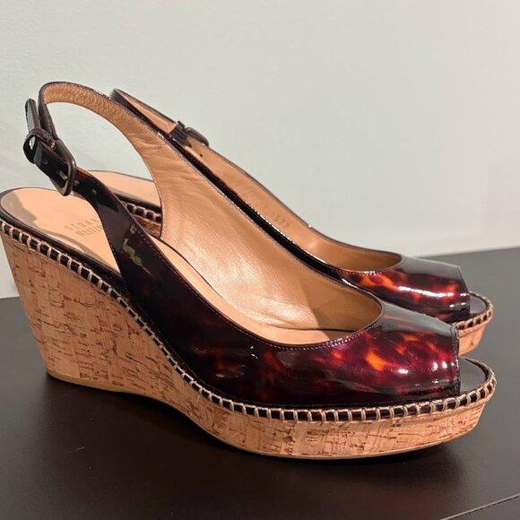 Stuart Weitzman Patent Leather Wedges Platform Peep Toe Tortoise Shell Size 9.5 - Picture 3 of 9